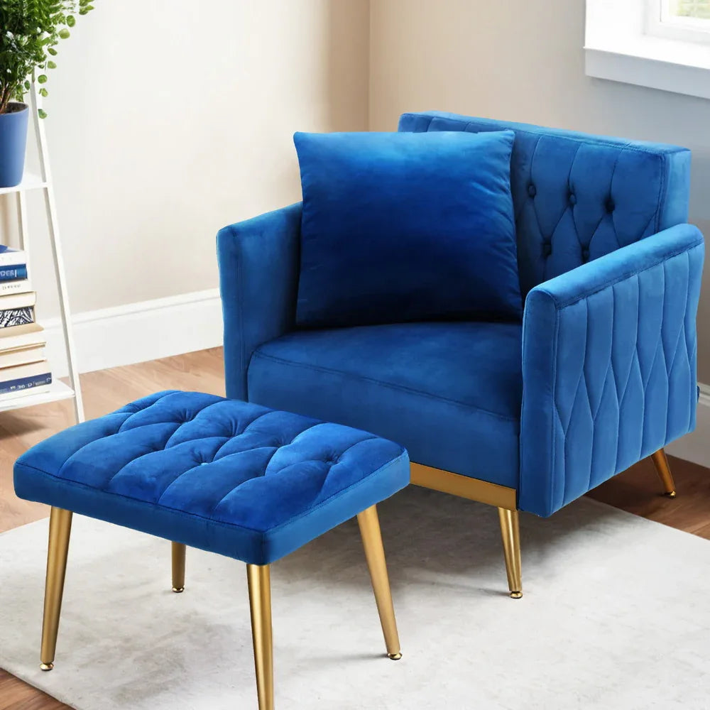 Artiss Armchair Ottoman Accent Chair Pillow Velvet Blue - Mekamart Australia