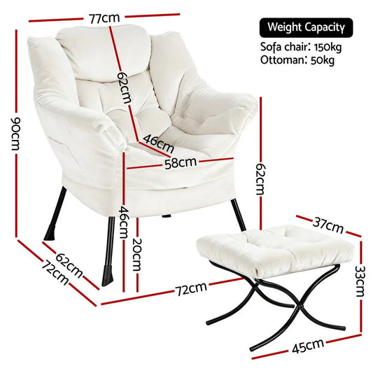 Artiss Armchair Accent Chair Ottoman Lounge Footrest Velvet White