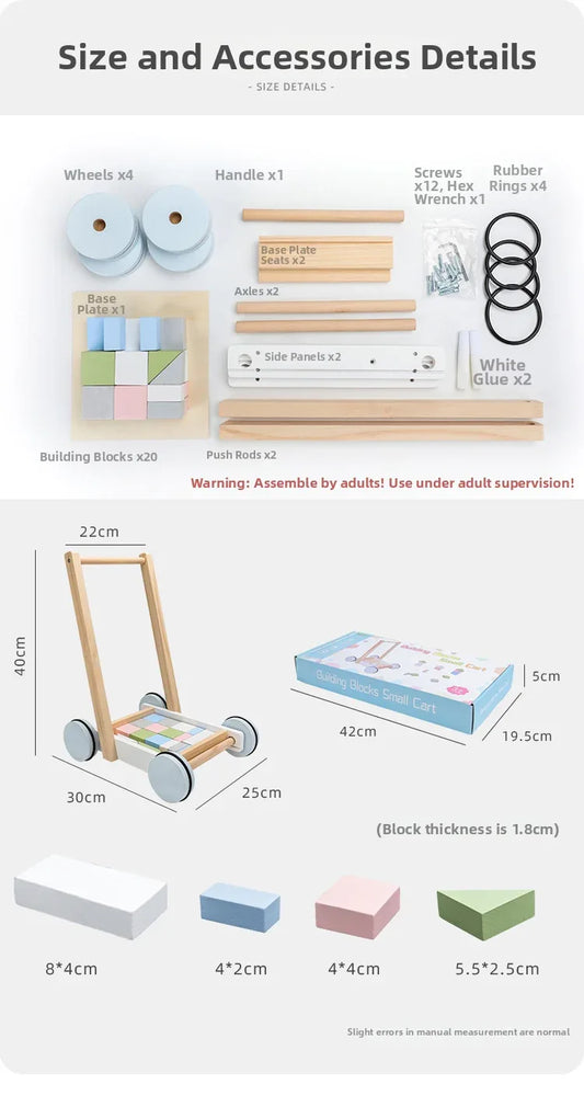 Children's Early Education Wooden Stacking Blocks Push Trolley Walker - Mekamart Australia