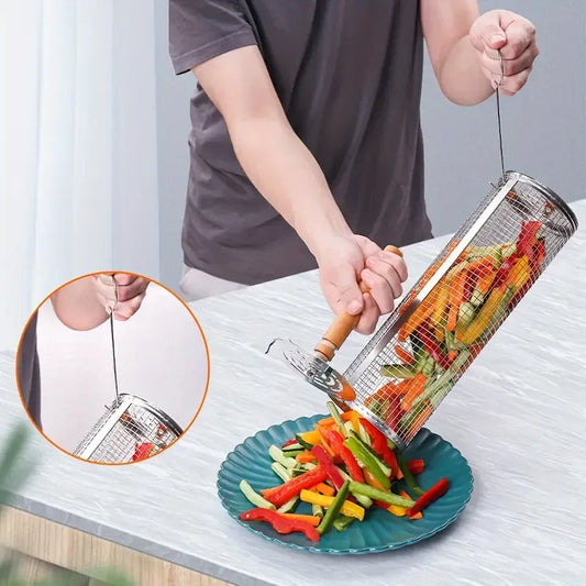 2-Pack Stainless Steel Rotating Grill Baskets with Removable Wooden Handle – Durable 304 Mesh for Veggies, Prawns & More – Perfect for BBQ, Camping & Outdoor Cooking, Great Gift for Dad or Husband - Mekamart Australia