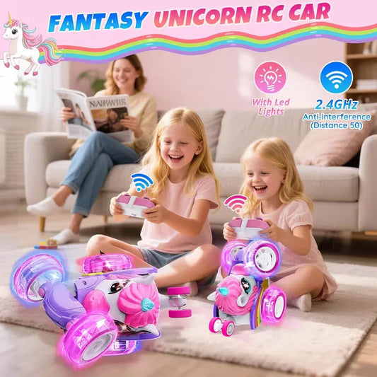 Unicorn remote control car for girls, 360° rotating four-wheel drive stunt remote control car with cute lights, rechargeable toy - children's birthday gift - Mekamart Australia