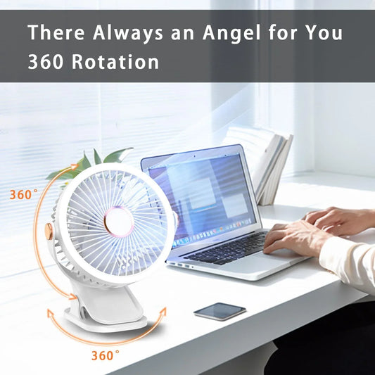 Mini Clip-on Fan with LED Light – USB Rechargeable, 360° Rotatable, 5-Speed Cooling for Desk, Bed, Camping & Travel (White) - Mekamart Australia