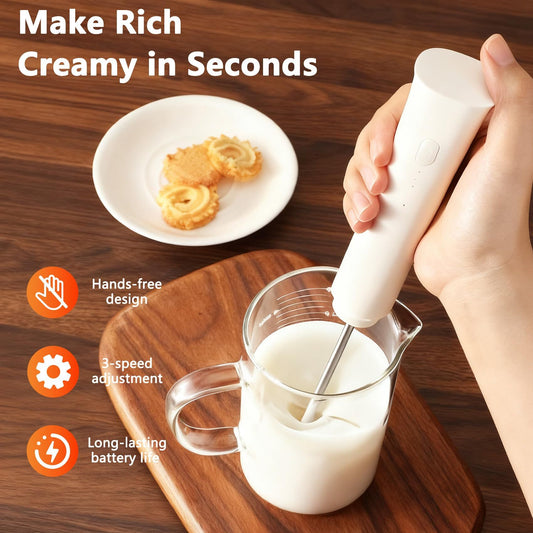 White Hands-Free Milk Frother – 2000mAh Rechargeable Coffee & Drink Mixer for Latte, Cappuccino, Matcha & More | Perfect for Home, Office & Travel