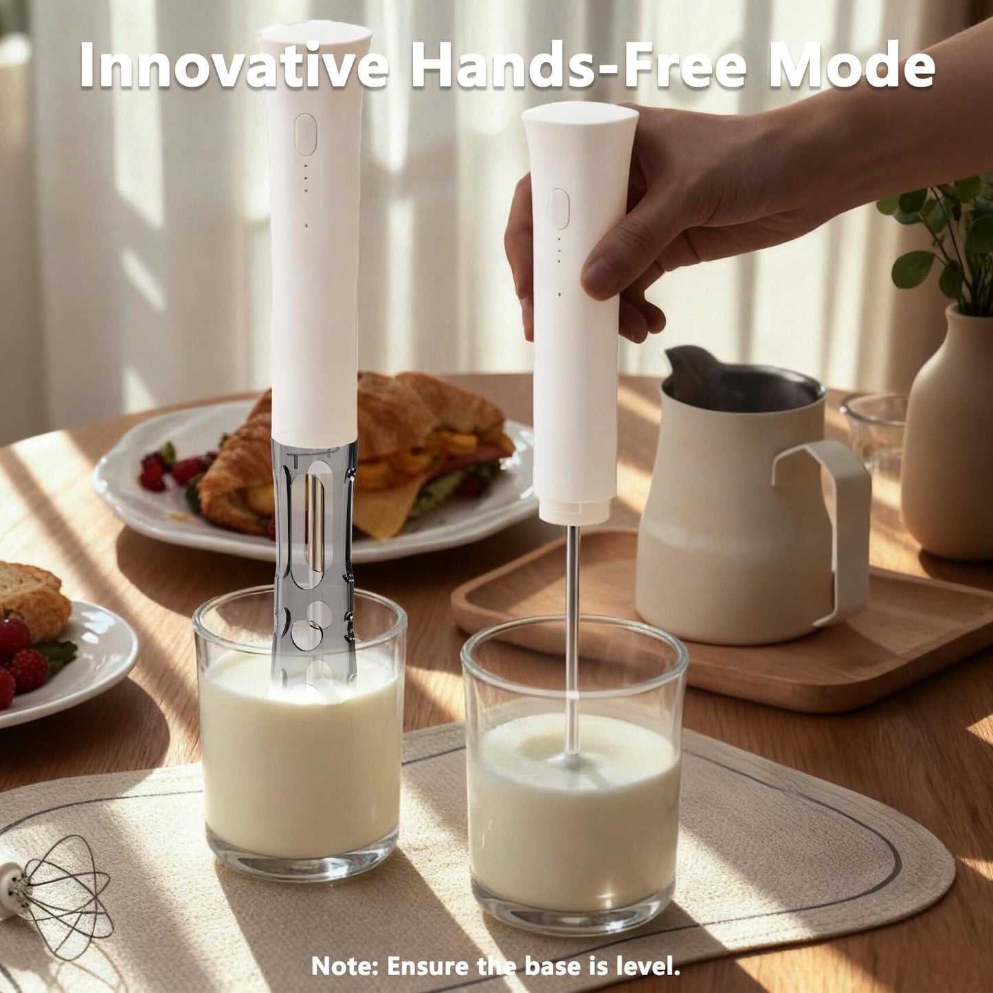 White Hands-Free Milk Frother – 2000mAh Rechargeable Coffee & Drink Mixer for Latte, Cappuccino, Matcha & More | Perfect for Home, Office & Travel
