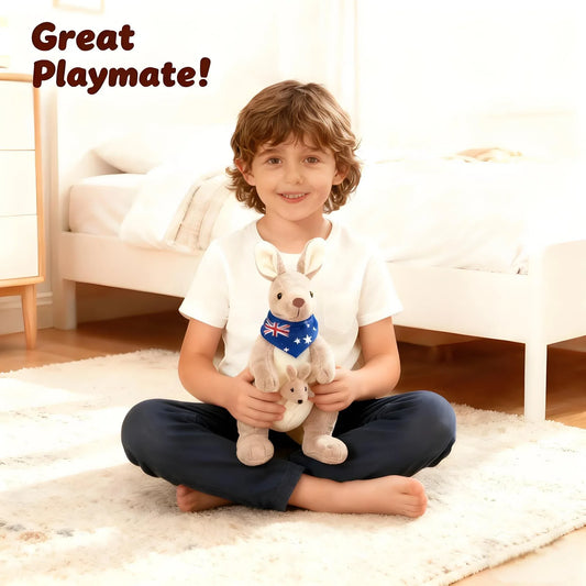 Kangaroo Stuffed Animal with Joey in Pouch & Australia Scarf - Soft Cuddly Plush Toy(55cm, light grey)| Other Colors Available in Store - Mekamart Australia