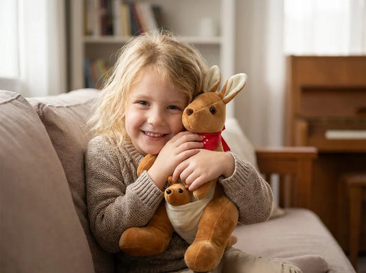 Kangaroo Stuffed Animal with Joey in Pouch & Australia Scarf - Soft Cuddly Plush Toy(45cm, light brown
)| Other Colors Available in Store - Mekamart Australia