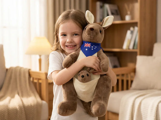 Kangaroo Stuffed Animal with Joey in Pouch & Australia Scarf - Soft Cuddly Plush Toy(45cm, Dark brown
)| Other Colors Available in Store - Mekamart Australia