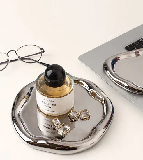 Silver Plated Ceramic Tray Set (Round & Long Shapes) – Minimalist Luxury Decorative Organizer for Jewelry, Vanity & Home Display| Other Styles Available in Store - Mekamart Australia