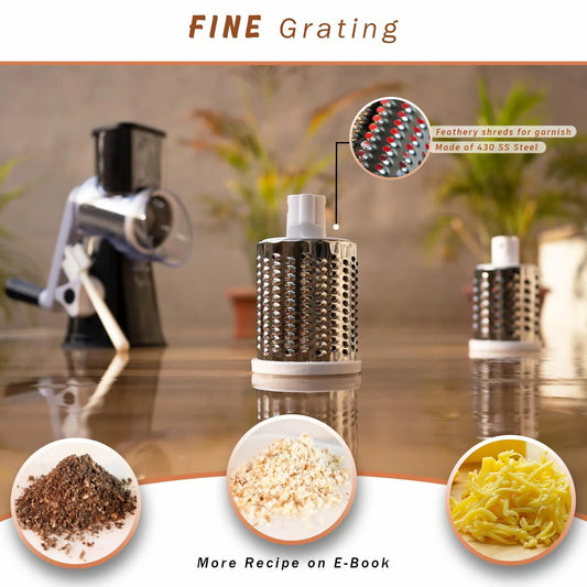 Manual Rotary Food Slicer & Grater with 3 Stainless Steel Drums – Suction Base Vegetable Shredder for Cheese, Potatoes & More (Black) - Mekamart Australia