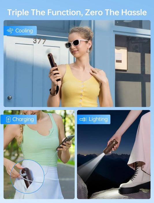 Handheld Mini Fan (Brown), 3-in-1 USB Rechargeable Portable Fan with Power Bank & Flashlight, Pocket Design for Travel & Summer - Mekamart Australia