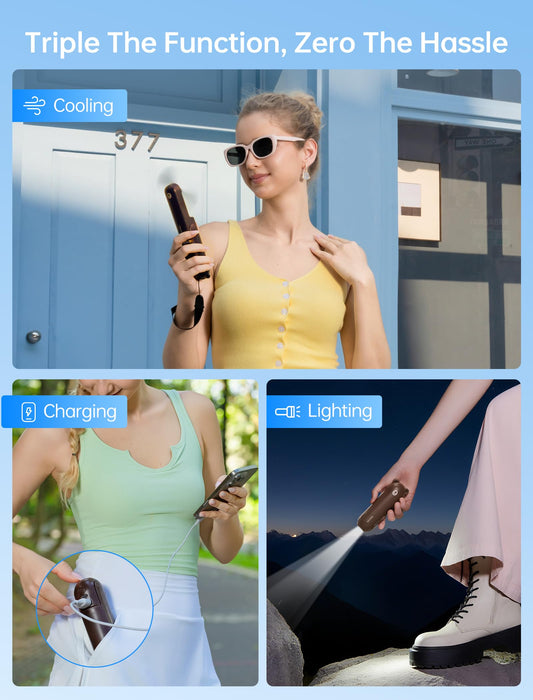 Handheld Mini Fan (Brown), 3-in-1 USB Rechargeable Portable Fan with Power Bank & Flashlight, Pocket Design for Travel & Summer