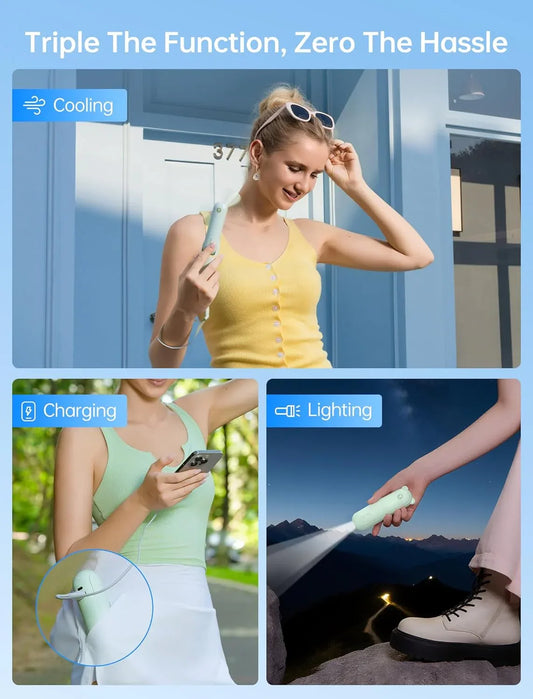 Handheld Mini Fan (Green), 3-in-1 USB Rechargeable Portable Fan with Power Bank & Flashlight, Pocket Design for Travel & Summer - Mekamart Australia