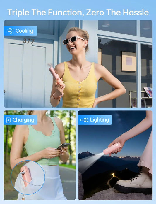 Handheld Mini Fan (Pink), 3-in-1 USB Rechargeable Portable Fan with Power Bank & Flashlight, Pocket Design for Travel & Summer - Mekamart Australia