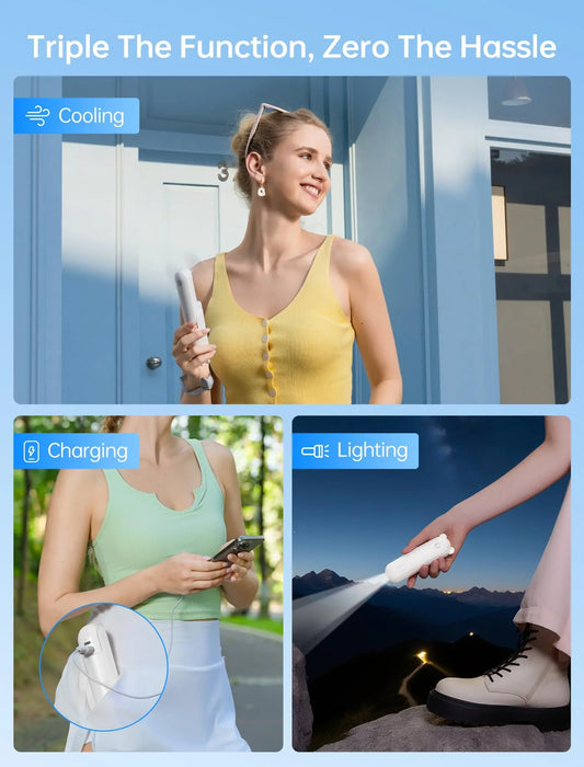 Handheld Mini Fan (White), 3-in-1 USB Rechargeable Portable Fan with Power Bank & Flashlight, Pocket Design for Travel & Summer - Mekamart Australia