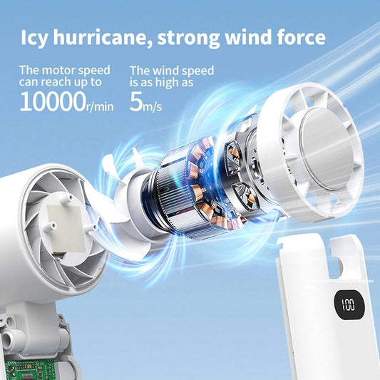 Portable Handheld Turbo Fan with Cooling Tech, Digital Display, 100-Speed Control, Rechargeable 4-in-1 Personal Fan for Travel, Outdoor, Office (White)