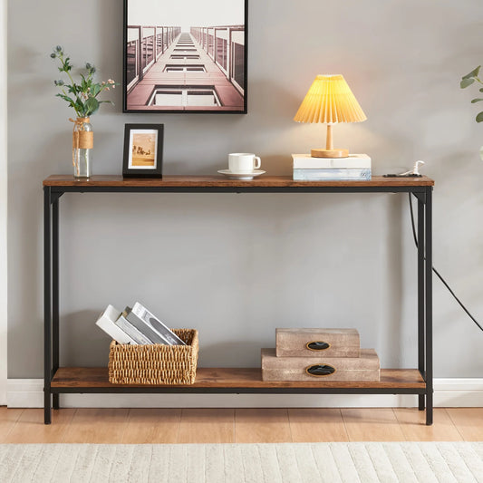 2 Tier Console Table with Power Outlets and USB Ports, Wood Entryway Table with Charging Station & Storage Shelf, Narrow 2-Tier Sofa Table for Living Room Hallway Foyer - Mekamart Australia