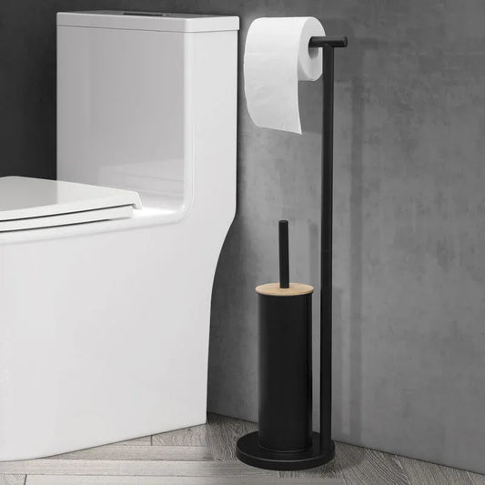 2-in-1 Iron Floor Standing Roll Paper Holder and Bamboo Lid Toilet Brush For Bathroom and Toilet-Black - Mekamart Australia