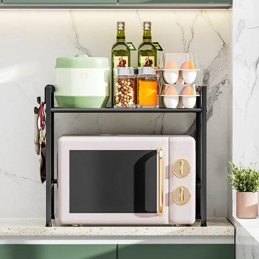 Metal Shelf For Microwave Oven 2 Level Kitchen Storage Rack With 4 Hooks-Black - Mekamart Australia