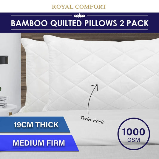 Royal Comfort Luxury Bamboo Blend Quilted Pillow Twin Pack Extra Fill Support - Mekamart Australia