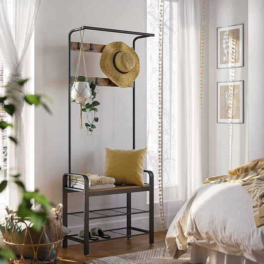 Vintage Coat Rack Shoe Bench, Wood Look Accent Furniture and Metal Frame - Mekamart Australia