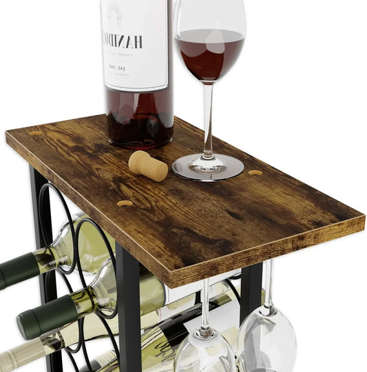 Wine Rack Countertop Wooden & Metal Holder for 6 Bottles & 2 Glasses - Mekamart Australia