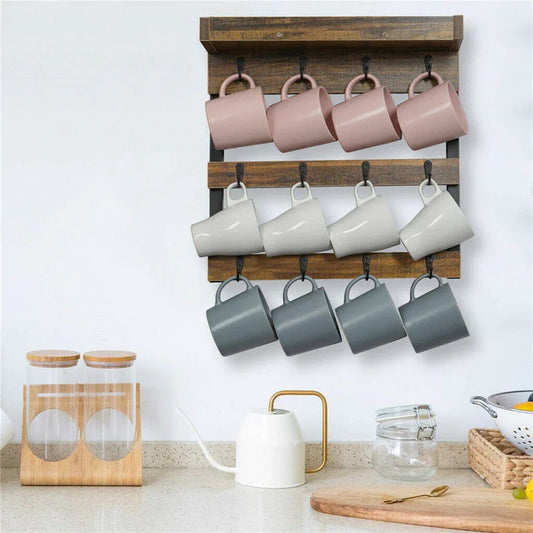 Wooden Wall Mounted Coffee Mug Rack 12 Hooks Cup Holder - Mekamart Australia
