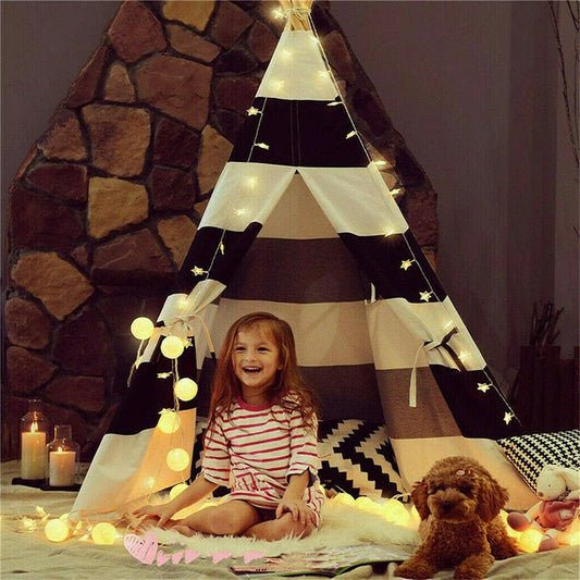 Kids Teepee Tent Linen Wood Black White Stripe Playhouse Indoor Garden - Mekamart Australia