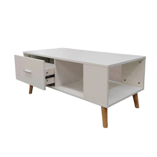 White Coffee Table Storage Drawer & Open Shelf With Wooden Legs - Mekamart Australia