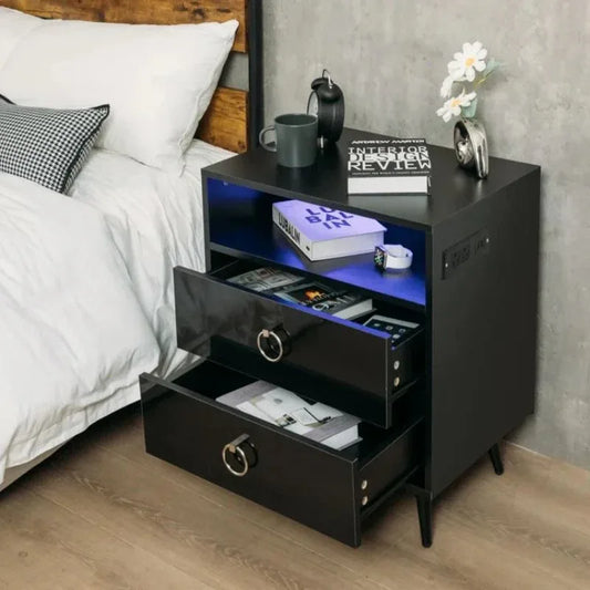 Amelia Modern LED Bedside table with USB and power socket Black - Mekamart Australia