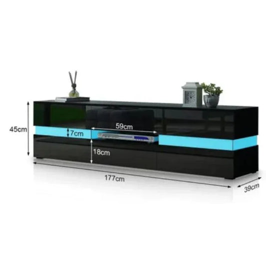 Modern High Gloss Front TV Entertainment Unit 177cm LED Storage Drawer - Black - Mekamart Australia