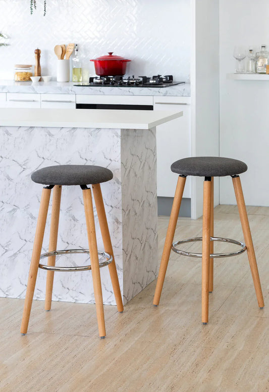 2 Cotton/Steel Modern Padded Barstools (Grey/Wood) - Mekamart Australia