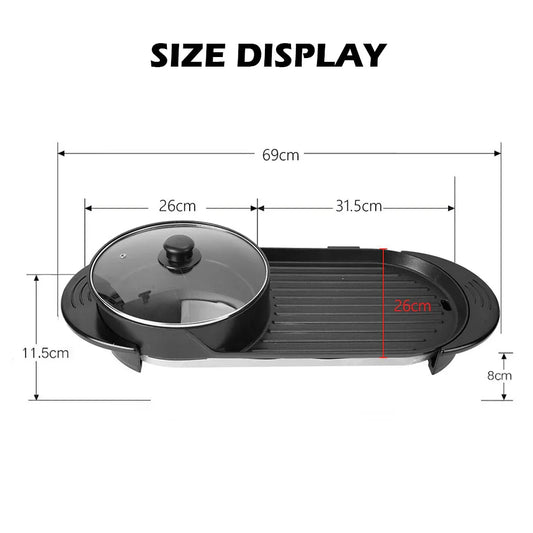 2-IN-1 Electric Hot Pot BBQ Oven Smokeless Non Stick Barbecue Hotpot Grill Pan - Mekamart Australia