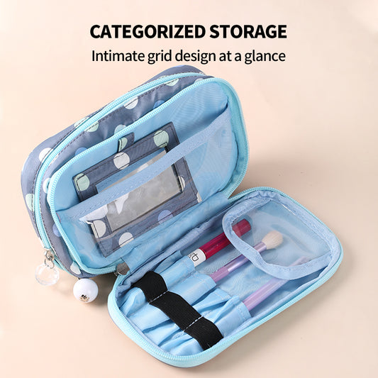 2 Layer Makeup Bag w/ Mirror Travel Cosmetic Bag Organizer Brush Slots Portable