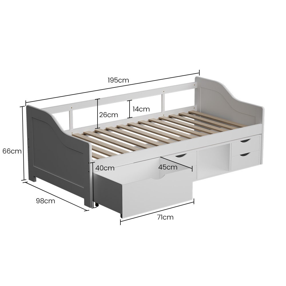 Kingston Slumber Wooden Single Sofa Bed Frame with Storage Drawers - White