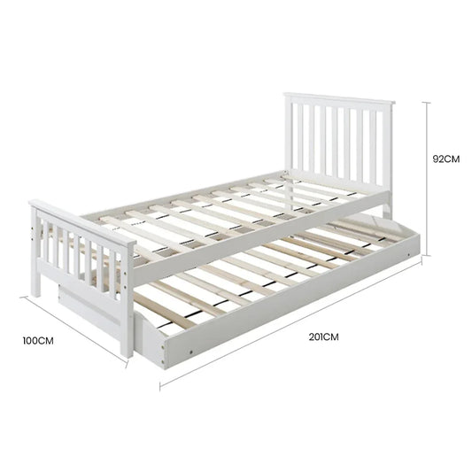 KINGSTON SLUMBER Wooden Single Bed Frame w/ Pop Up Trundle, for Kids Bedroom, White - Mekamart Australia