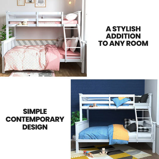 Kingston Slumber Single Over Double Wooden Bunk Bed Frame, Triple Solid Pine 2-in-1 Modular Design, Converts to 2 Beds, For Kids, White - Mekamart Australia