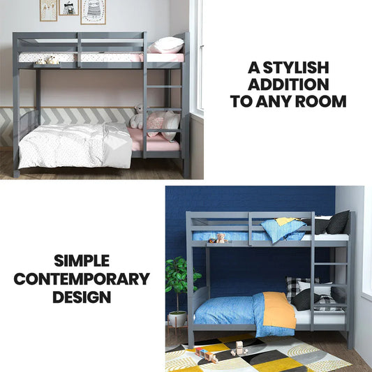 KINGSTON SLUMBER Single Bunk Bed Frame, Solid Pine 2-in-1 Modular Design Convert to 2 Single Beds, Grey - Mekamart Australia