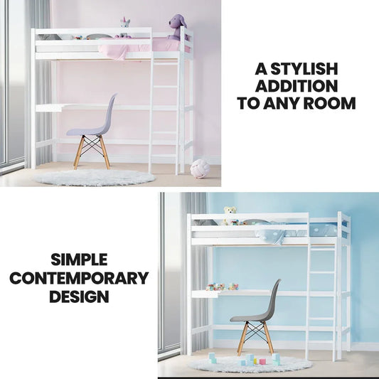 KINGSTON SLUMBER Wooden Kids Single Loft Bed Frame with Desk - White - Mekamart Australia
