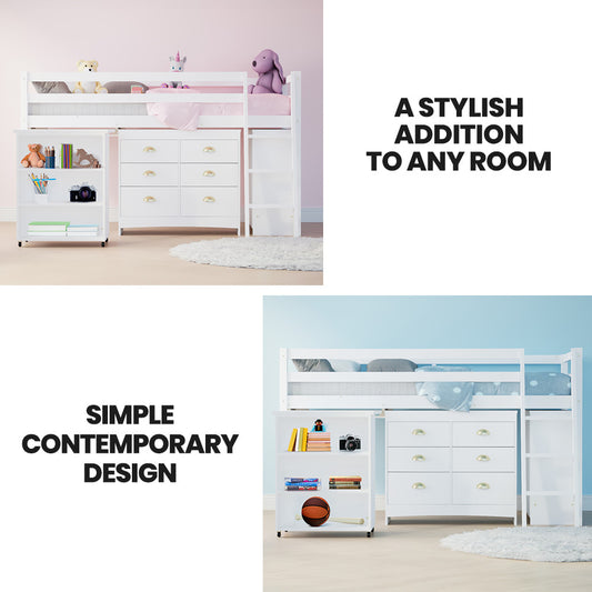 KINGSTON SLUMBER Wooden Kids Single Loft Bed Frame with Pull Out Desk, Storage Drawers, Cabinet - White - Mekamart Australia