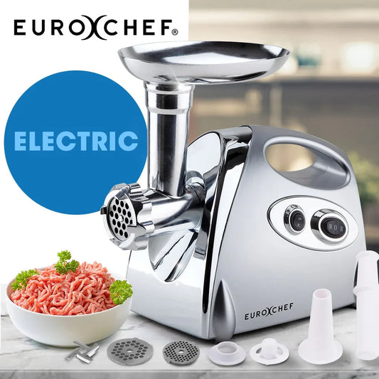 EUROCHEF Electric Meat Grinder, Stainless Steel Mincer Sausage Filler Kibbe Maker, Silver - Mekamart Australia
