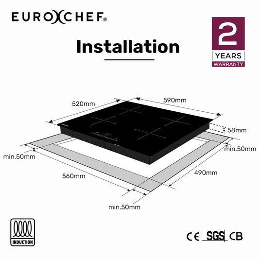 EuroChef 60cm 4 Zone Induction Cooktop, 6800W Electric, Touch Controls - Mekamart Australia