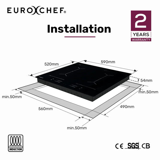 EuroChef 60cm 4 Zone Induction Cooktop, 7200W Electric, Dual Link Bridged Zone Hobs, Touch Controls - Mekamart Australia