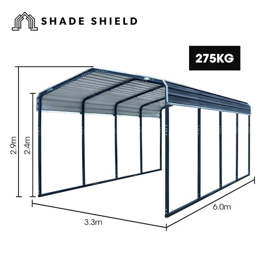 SHADE SHIELD Single Carport Shed 3.3 x 6 x 2.9m, Galvanised Steel Frame, Powder Coated Gable Roof, Shelter for Car Caravan Boat Tractor Agricultural - Mekamart Australia