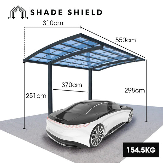 SHADE SHIELD Single Cantilever Carport 3.0m x 5.5m x 3.5m, Aluminium Alloy Frame, Polycarbonate Roof, Shelter for Car or Outdoor Living - Mekamart Australia