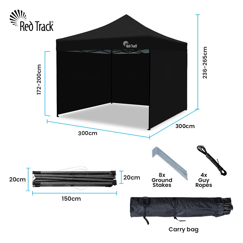 RED TRACK 3x3m Premium Pop Up Gazebo Marquee, Patented Steel Cable Canopy Support System, Wheeled Carry Bag, Side Walls, UV Block, Reinforced Frame, Black