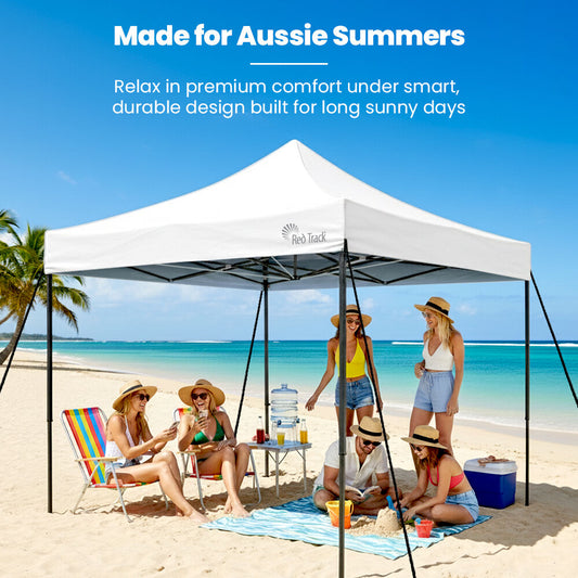 RED TRACK 3x3m Premium Pop Up Gazebo Marquee, Patented Steel Cable Canopy Support System, Wheeled Carry Bag, Side Walls, UV Block, Reinforced Frame, White