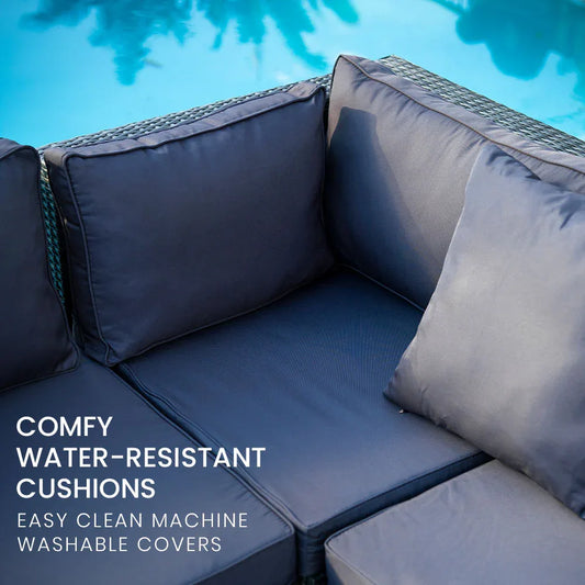 LONDON RATTAN 5 Seater Modular Outdoor Lounge Setting with Coffee Table, Ottoman, Grey - Mekamart Australia