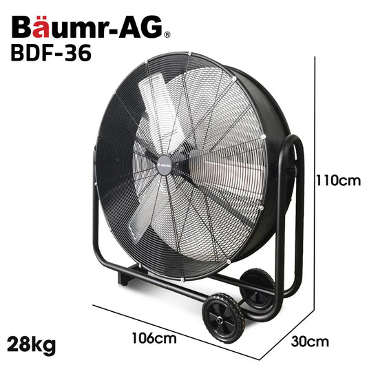 BAUMR-AG 36" 914mm Industrial Mobile Floor Drum Fan, 290W Brushless Motor, Tilting, Large, Commercial, Heavy-duty Frame, EESS Certified - Mekamart Australia