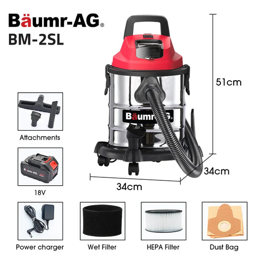 Baumr-AG 20L Cordless Wet & Dry Vacuum Cleaner Kit, with 4Ah battery and Charger, Blower, HEPA Filter, Accessories, Stainless Steel, for Car, Home, Garage - Mekamart Australia