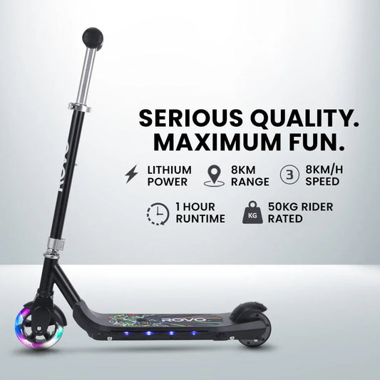 ROVO KIDS WhizKid Electric Scooter, Ages 5-11, Adjustable Height, AU Compliant, Lithium Battery, Brushless Motor, Black - Mekamart Australia